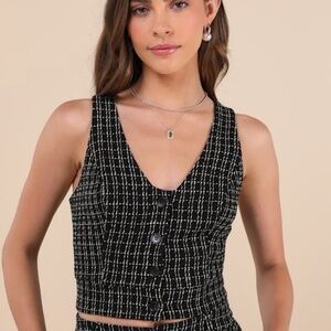 Lulus Posh Perception Black And White Plaid Tweed Cropped Button Top - Size L